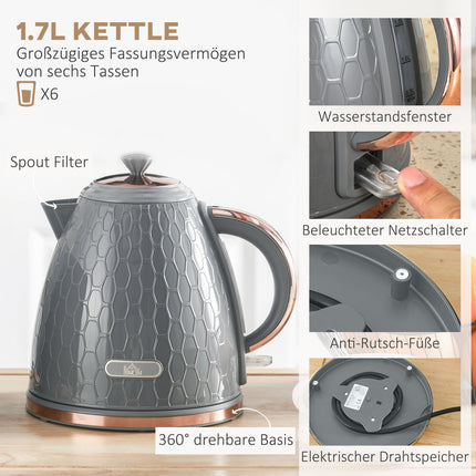 Ensemble grille-pain et bouilloire, 1,7 L, 4 tranches, plastique gris