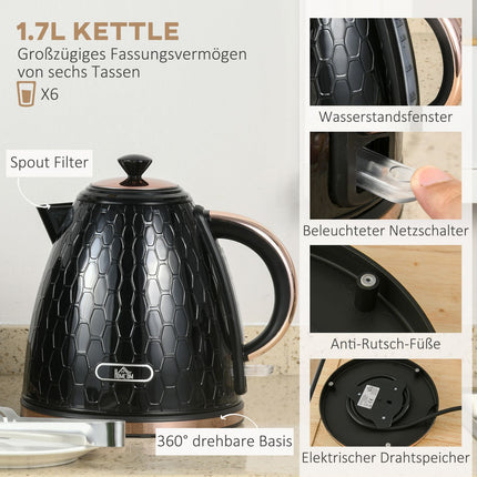 Ensemble grille-pain et bouilloire, noir, 1,7 L, capacité 4 tranches