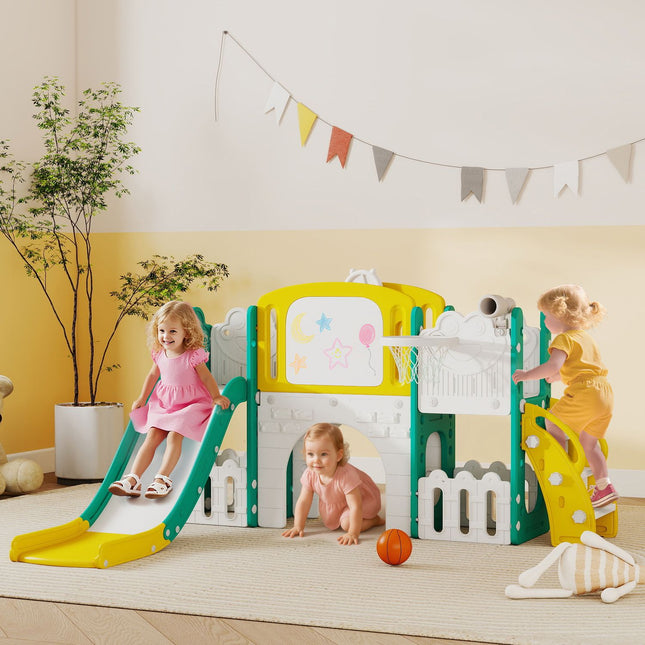 Ensemble de toboggans 7 en 1 pour tout-petits avec panier de basket, intérieur/extérieur