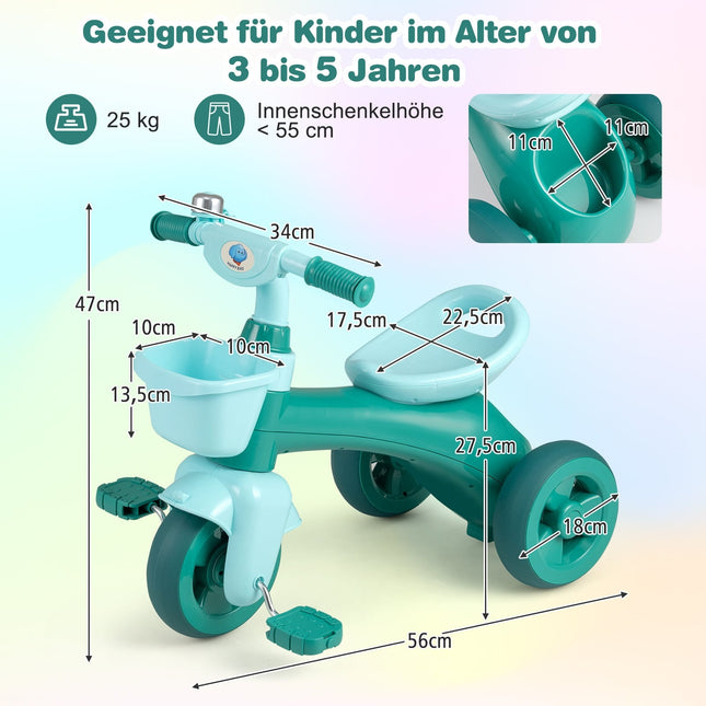Tricycle pour tout-petits avec direction limitée, sonnette et siège ergonomique