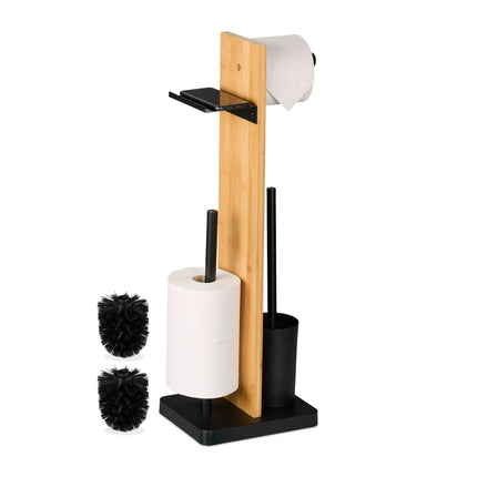Ensemble porte-rouleau de papier toilette et brosse avec étagère en bambou