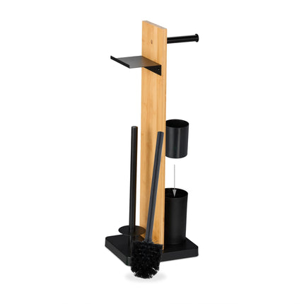 Ensemble porte-rouleau de papier toilette et brosse avec étagère en bambou