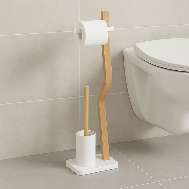 Porte-rouleau de papier toilette et brosse assortis, en bois et métal
