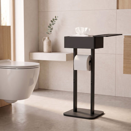 Porte-rouleau de papier toilette avec étagère de rangement – ​​Bambou noir