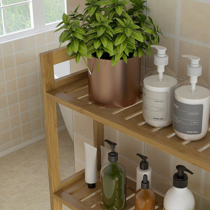 Étagère De Toilette À 3 Niveaux Pour Salle De Bain Avec Étagère De Rangement Anti-Basculement En Bambou Naturel
