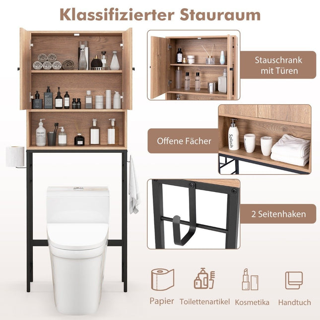 Toilettenschrank freistehendes Toilettenregal mit 2 Türen &amp; 2 Haken 63 x 23 x 165,5 cm natur