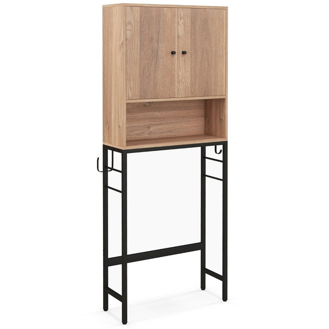 Toilettenschrank freistehendes Toilettenregal mit 2 Türen &amp; 2 Haken 63 x 23 x 165,5 cm natur