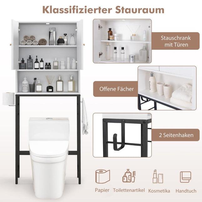 Toilettenschrank freistehendes Toilettenregal mit 2 Türen &amp; 2 Haken 63 x 23 x 165,5 cm weiß