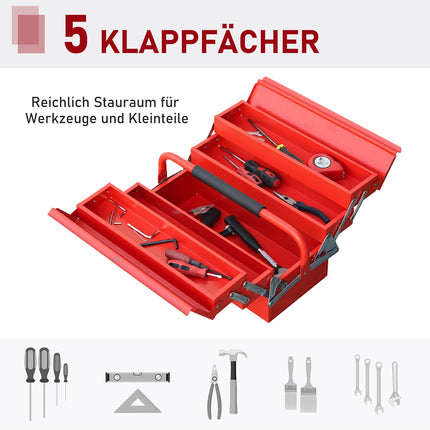 Platzsparender Stahlwerkzeugkasten mit 5 Fächern, rot