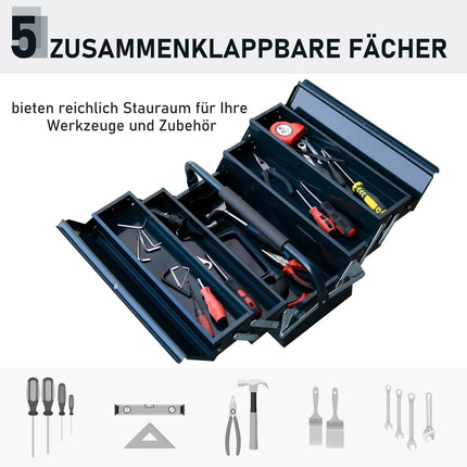 Klappbarer Werkzeugkasten aus Stahl, 5 Fächer, dunkelgrün, 57x21x41 cm