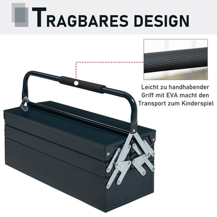Klappbarer Werkzeugkasten aus Stahl, 5 Fächer, dunkelgrün, 57x21x41 cm