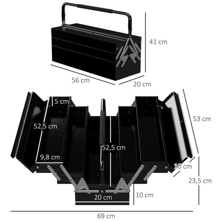 Boîte à outils, boîte à outils, 5 compartiments, pliable en acier (SPCC) noir, 56 x 20 x 41 cm Aosom