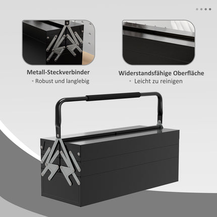 Boîte à outils, boîte à outils, 5 compartiments, pliable en acier (SPCC) noir, 56 x 20 x 41 cm Aosom