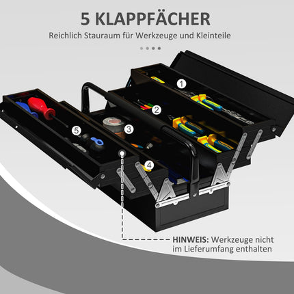 Boîte à outils, boîte à outils, 5 compartiments, pliable en acier (SPCC) noir, 56 x 20 x 41 cm Aosom