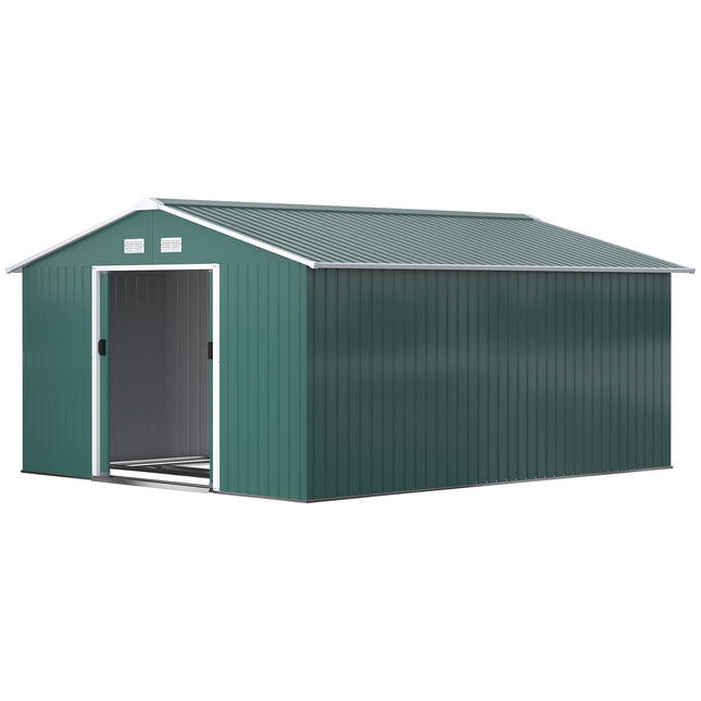 Remise à outils 12,4 m², abri de jardin avec toit en appentis, porte coulissante, fondation, 340 x 386 x 200 cm, remise à outils en acier galvanisé, résistante aux intempéries, pour jardin, vert foncé