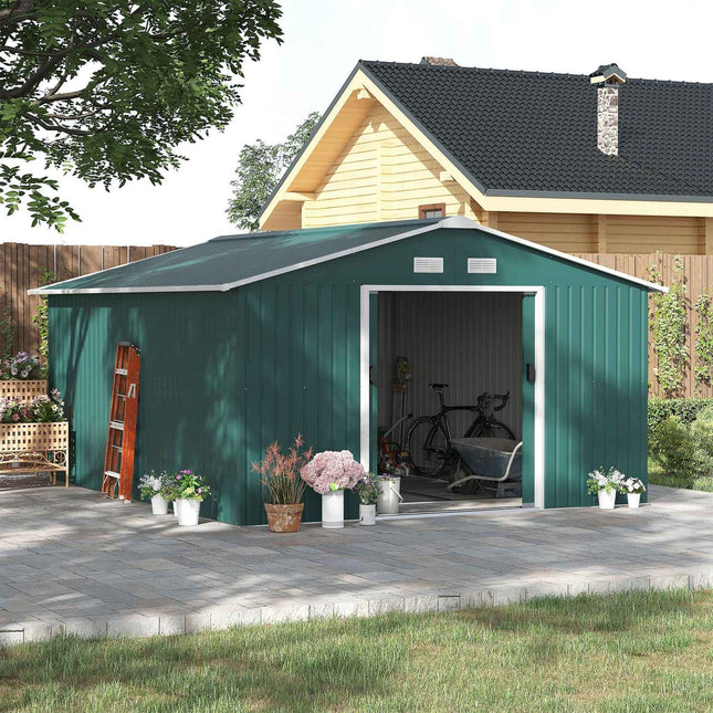 Remise à outils 12,4 m², abri de jardin avec toit en appentis, porte coulissante, fondation, 340 x 386 x 200 cm, remise à outils en acier galvanisé, résistante aux intempéries, pour jardin, vert foncé