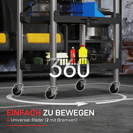 Werkzeugwagen, faltbarer 3-stöckiger Werkzeugwagen, Kunststoff, Stahl, schwarz