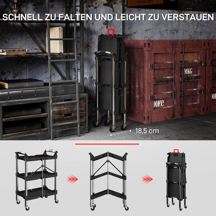 Werkzeugwagen, faltbarer 3-stöckiger Werkzeugwagen, Kunststoff, Stahl, schwarz