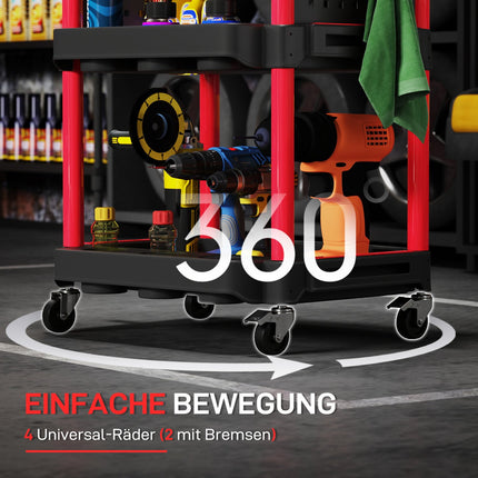 Werkstattwagen, 3 Böden, 4 Rollen, Kunststoff, Rot
