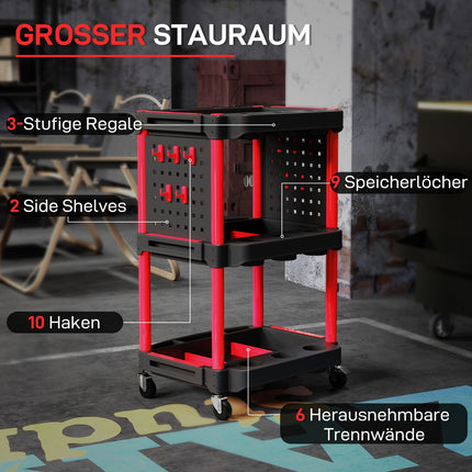 Werkstattwagen, 3 Böden, 4 Rollen, Kunststoff, Rot