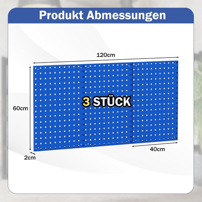 Mur à outils perforé avec 3 panneaux perforés et 3 panneaux perforés. Accessoires suspendus 28 pièces bleu
