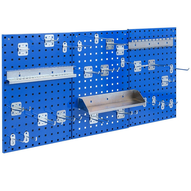 Mur à outils perforé avec 3 panneaux perforés et 3 panneaux perforés. Accessoires suspendus 28 pièces bleu