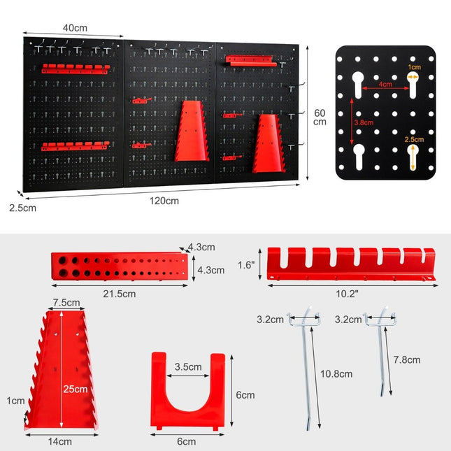 Mur à outils avec 25 accessoires suspendus système de rangement porte-outils assortiment 3 panneaux perforés 120 x 60 cm