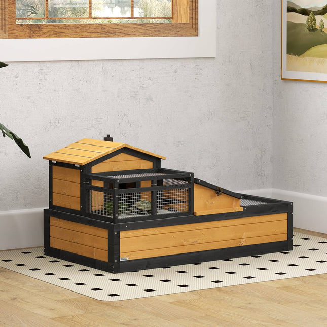 Maison pour tortues, 2 niveaux, intérieur/extérieur, bois de sapin, jaune