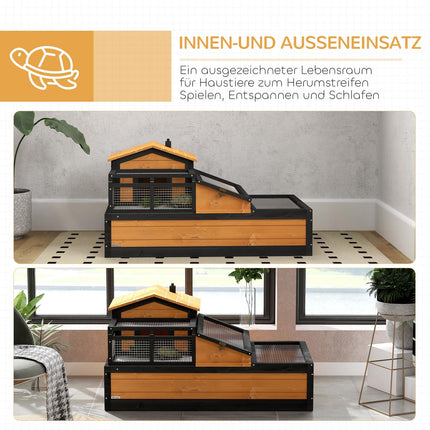 Schildkrötenhaus, 2 Ebenen, Innen/Außen, Tannenholz, Gelb