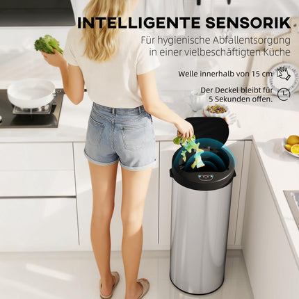 Poubelle à capteur sans contact en acier inoxydable, capacité de 55 L