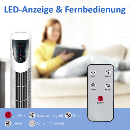 Ventilateur colonne, 3 modes, fonctionnement silencieux, minuterie, télécommande, blanc
