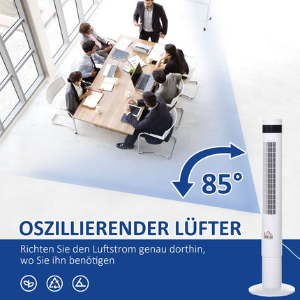 Turmventilator mit Fernbedienung, 85° Oszillation, 3 Geschwindigkeitsstufen, weiß