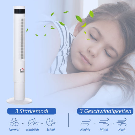Turmventilator mit Fernbedienung, 85° Oszillation, 3 Geschwindigkeitsstufen, weiß