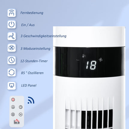 Turmventilator mit Fernbedienung, 85° Oszillation, 3 Geschwindigkeitsstufen, weiß