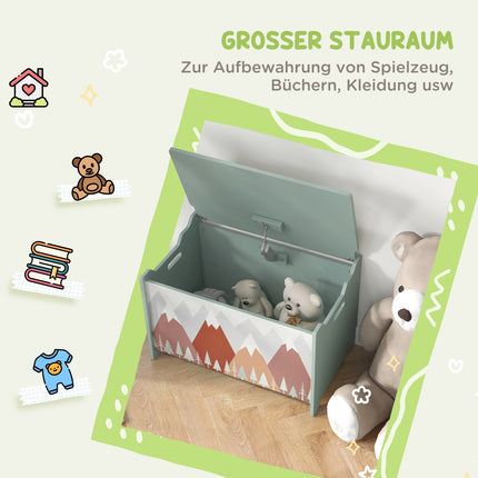 Toy box with lid - cute animal design, green, secure hinges