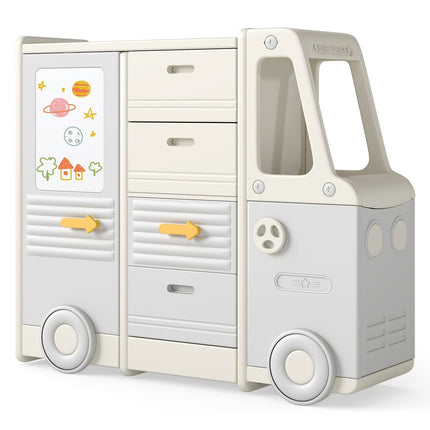 Étagère de rangement pour jouets avec tableau blanc, motif bus, 4 tiroirs