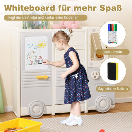 Étagère de rangement pour jouets avec tableau blanc, motif bus, 4 tiroirs