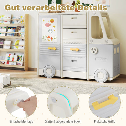 Étagère de rangement pour jouets avec tableau blanc, motif bus, 4 tiroirs