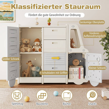 Étagère de rangement pour jouets avec tableau blanc, motif bus, 4 tiroirs