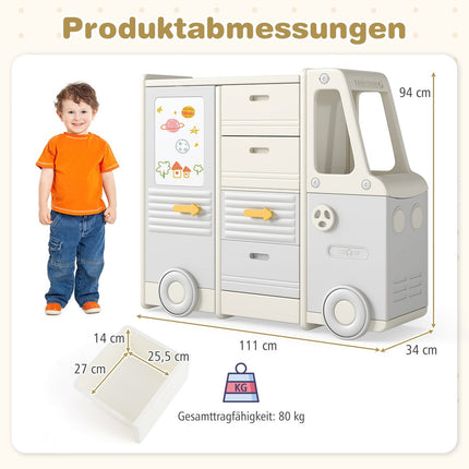 Étagère de rangement pour jouets avec tableau blanc, motif bus, 4 tiroirs