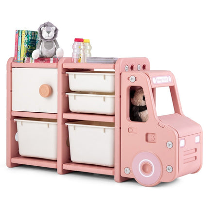 Etagère à jouets Etagère enfant 2 niveaux avec tiroirs et boîtes de rangement 110 x 32 x 66 cm rose