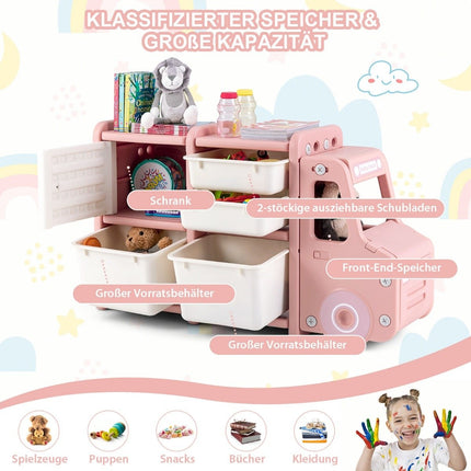Etagère à jouets Etagère enfant 2 niveaux avec tiroirs et boîtes de rangement 110 x 32 x 66 cm rose