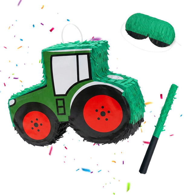 Traktor Piñata-Set mit Stock & Maske, Dunkelgrün