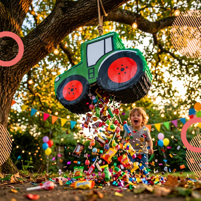 Traktor Piñata-Set mit Stock & Maske, Dunkelgrün