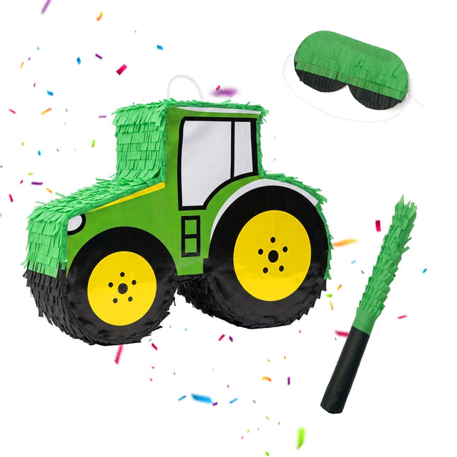 Traktor-Piñata-Set mit Stock und Maske – Grün