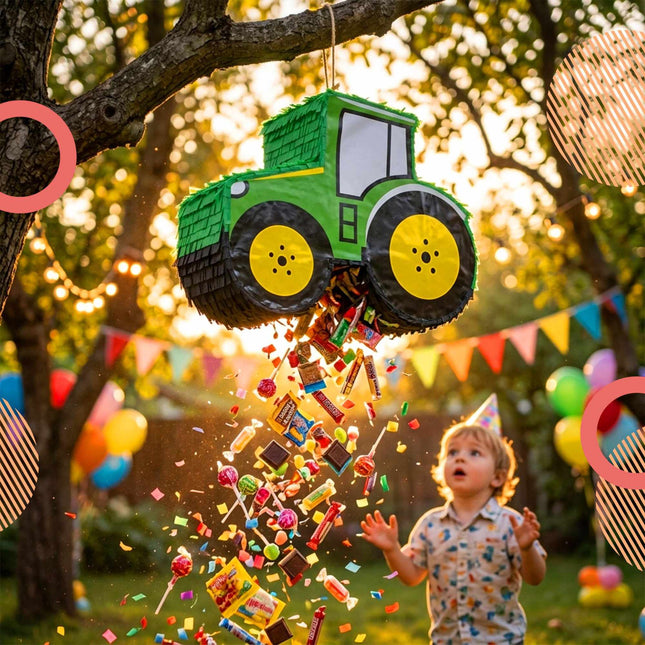 Traktor-Piñata-Set mit Stock und Maske – Grün