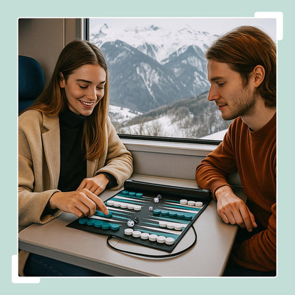Reise-Backgammon-Set, Leder-Optik zum Aufrollen