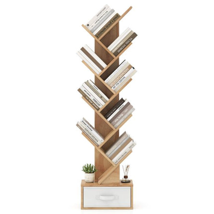 Bücherregal Baum mit Schublade, 10 Fächer, Natur-Finish