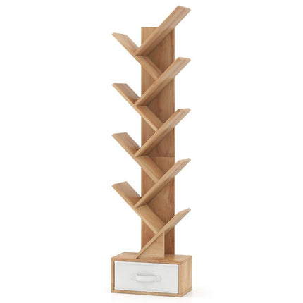 Bücherregal Baum mit Schublade, 10 Fächer, Natur-Finish