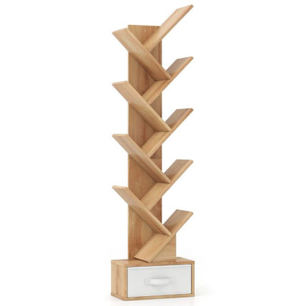 Bücherregal Baum mit Schublade, 10 Fächer, Natur-Finish